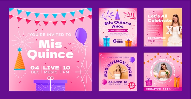 Vector verloop quinceañera instagram posts