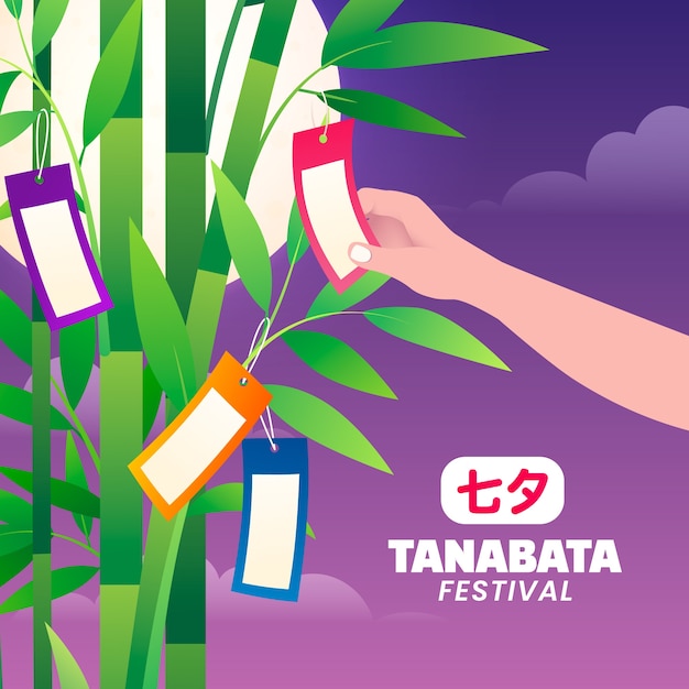 Verloop tanabata illustratie met hand hangende ornamenten