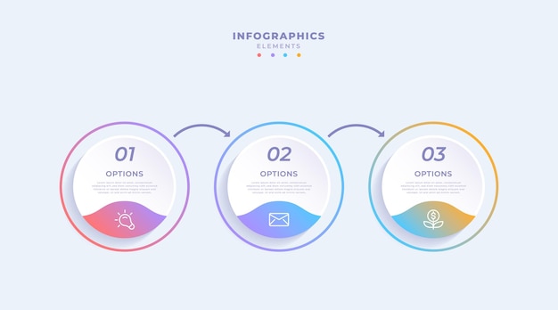 Verloop zakelijke infographic sjabloon met drie stappen of opties