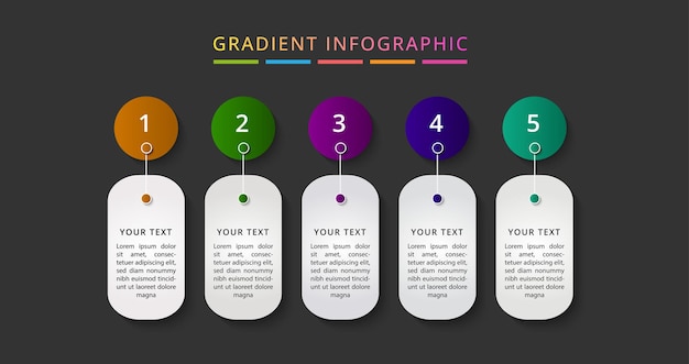 Verloopinfographic-ontwerp met pictogrammen en 5 opties of stappen en infographics met kraseffect