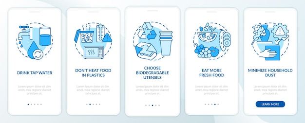 Vermijd microplastics-tips op het scherm van de mobiele app-pagina met concepten. Drink kraanwater door 5 stappen grafische instructies. UI-sjabloon met RGB-kleurenillustraties