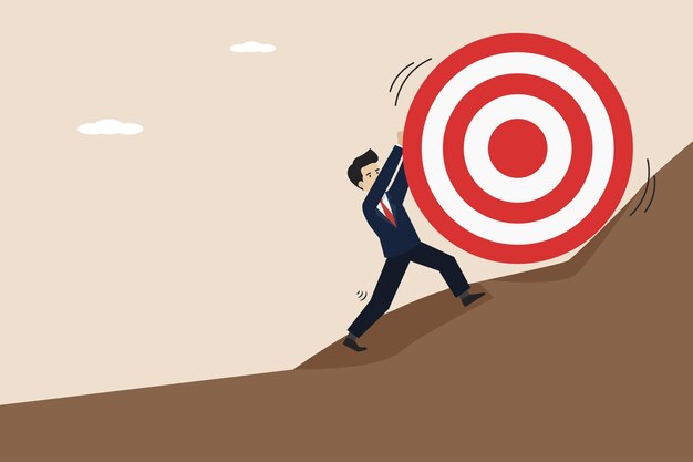 Vermiste doel zakenman probeert hard om het dartbord de heuvel op te duwen Business vector illustratie