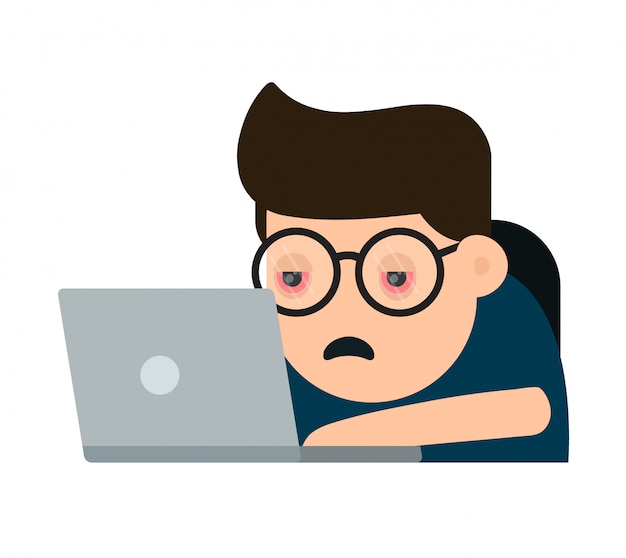 Vermoeide lijdende jonge man met rode ogen die met laptop computer werken