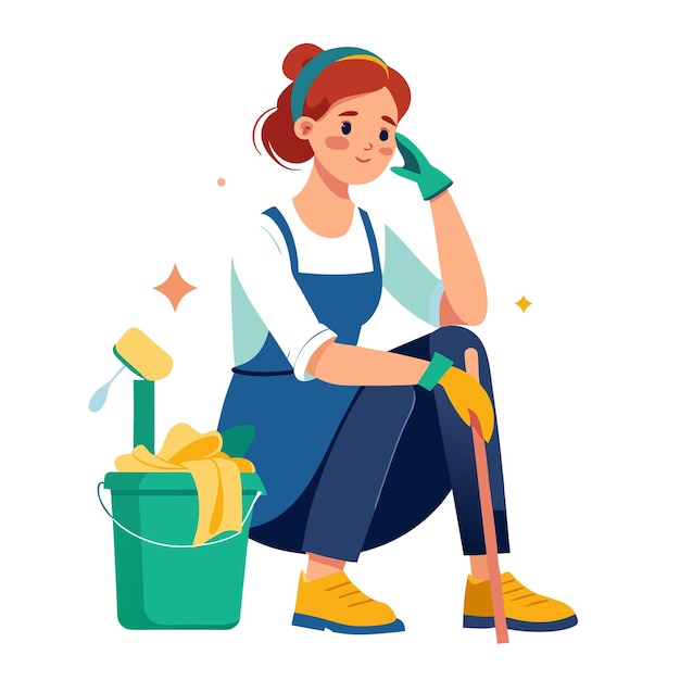Vermoeide schoonmaakvrouw zit in een vectorkunststijl met realistische details