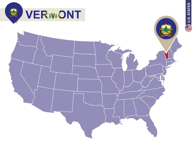 Vector vermont state on usa map. vermont flag and map. us states.