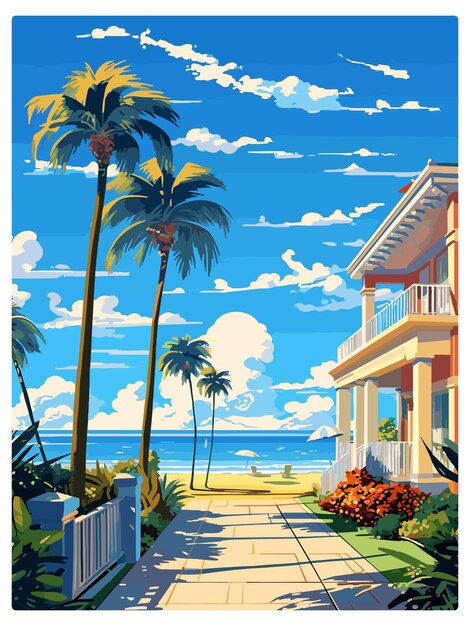 Vector vero beach florida vintage travel poster souvenir postcard portrait painting wpa illustration