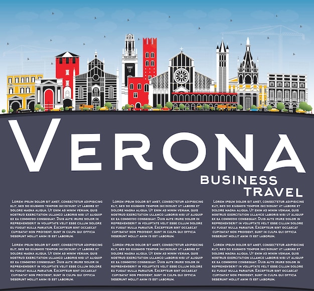 ヴェローナイタリアの街並み、色とりどりの建物、青い空、コピースペース。ベクトルイラスト。歴史的な建築とビジネス旅行と観光の概念。ランドマークのあるヴェローナの街並み。