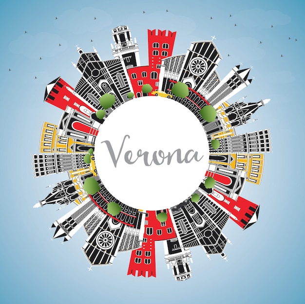 Orizzonte della città di verona italia con edifici di colore, cielo blu e spazio di copia. illustrazione di vettore. viaggi d'affari e concetto di turismo con architettura storica. paesaggio urbano di verona con punti di riferimento.