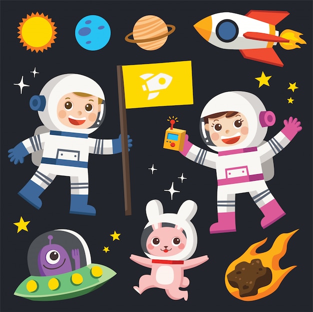 Verovering van de ruimte. ruimte-elementen. planeet aarde, zon en galaxy, ruimteschip en ster, maan en kleine kinderen astronaut, illustratie.