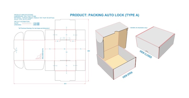Vector verpakking automatische slot a ef 150 x 150 x 70 mm 2d 3d