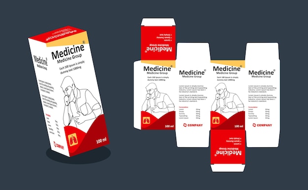 verpakking van hoeststroop doos merkgeneesmiddelenstroop verpakking vector illustratie rode en witte kleur