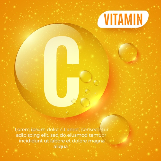 Vector verpakkingsontwerp voor vitaminecomplex vitamine c-capsule glanzende gouden ronde druppel