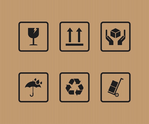 Verpakkingssymbolen ingesteld op de achtergrond van de papieren doos en verpakkingspictogrammen of verpakkingsborden voor doosontwerp