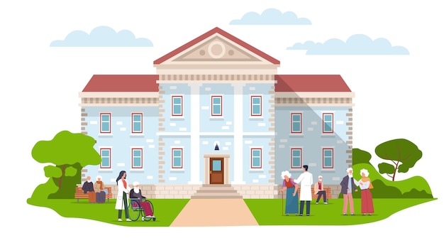 Verpleeghuis voor gepensioneerden Oude mensen lopen buiten in de buurt van het gebouw met kinderopvang en helpers Oude man in rolstoel en vrouw met stok Cartoon platte stijl geïsoleerde vector concept