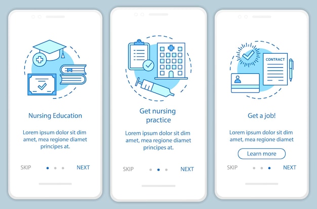 Verpleegkundige onboarding mobiele app paginascherm vectorsjabloon