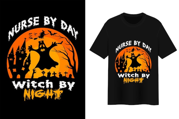 Verpleegster tegen dag heks bij nacht, Halloween T-shirt Design.