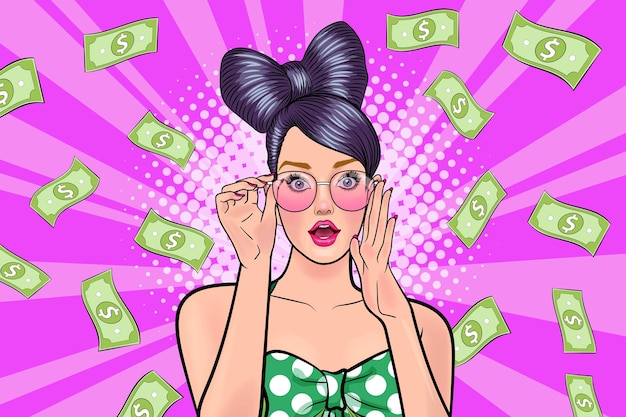 Verras zakenvrouw succesvol en schokkend met falling money zeg wow omg pop art retro strips