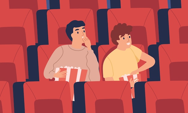 Verrast, geïnteresseerde jongeman, jongens in de bioscoop die popcorn eten in een lege bioscoopzaal. Tienervrienden, twee opgewonden jongens die film kijken, zittend in een fauteuil. Platte vector cartoon illustratie.