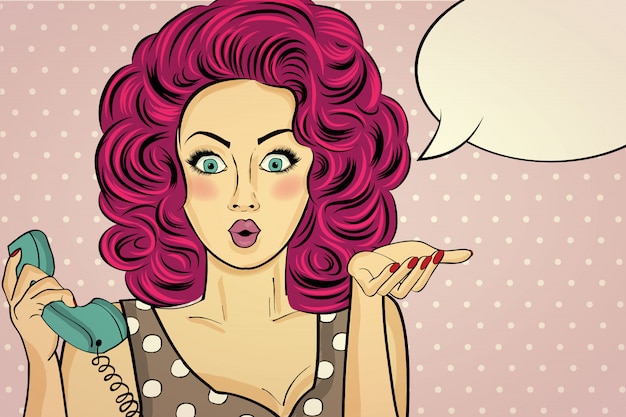 Verraste pop-artvrouw met retro telefoon