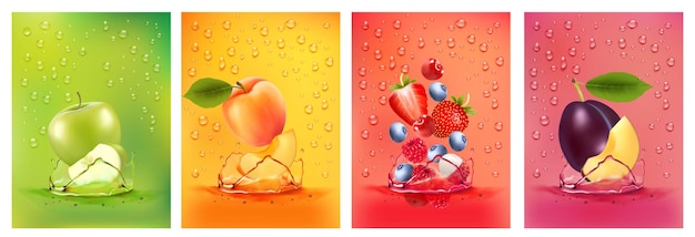 Vers fruit sap spatten samen peer appel pruim abrikoos aardbei braam frambozensap drankje spatten 3d vers fruit Vector illustratie