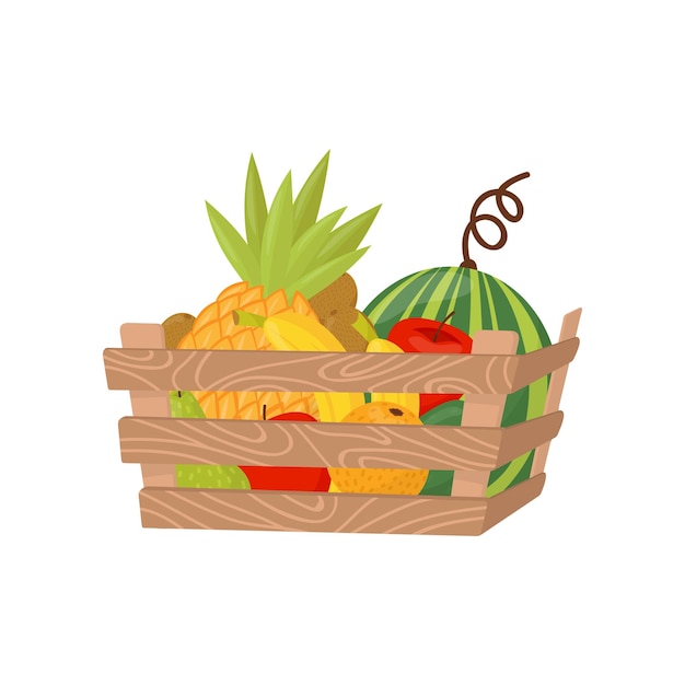 Vector vers rijp fruit in houten kist gezonde levensstijl en dieet concept vector illustratie op een witte background