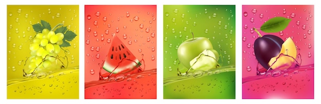 Vers vruchtensap spatten samen peer appel pruim watermeloen sap drinken spatten 3d vers fruit Vector illustratie