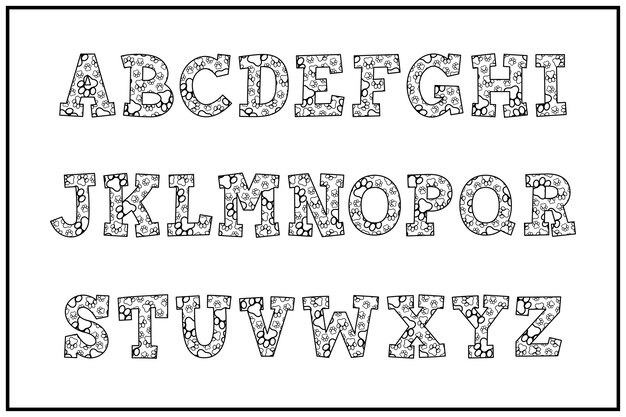 様々な用途の犬の足のアルファベット文字の多様なコレクション
