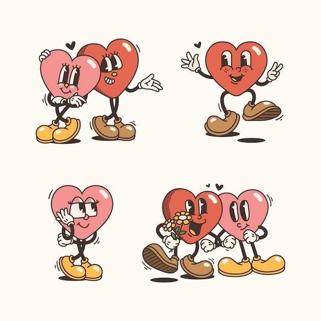 Versatile set di caratteri della mascotte del cuore con varie pose ed espressioni