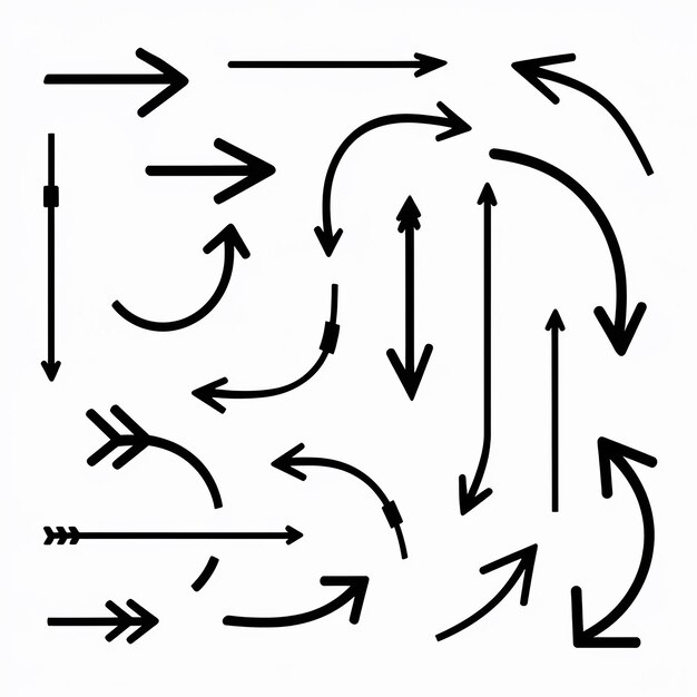 Verscheidenheid aan dynamische zwarte pijlen, variërend in richting, lengte en bocht