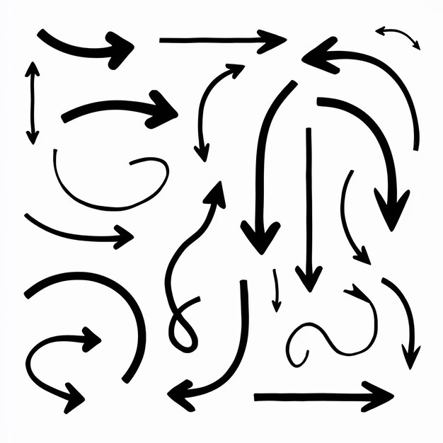 Vector verscheidenheid aan dynamische zwarte pijlen, variërend in richting, lengte en bocht