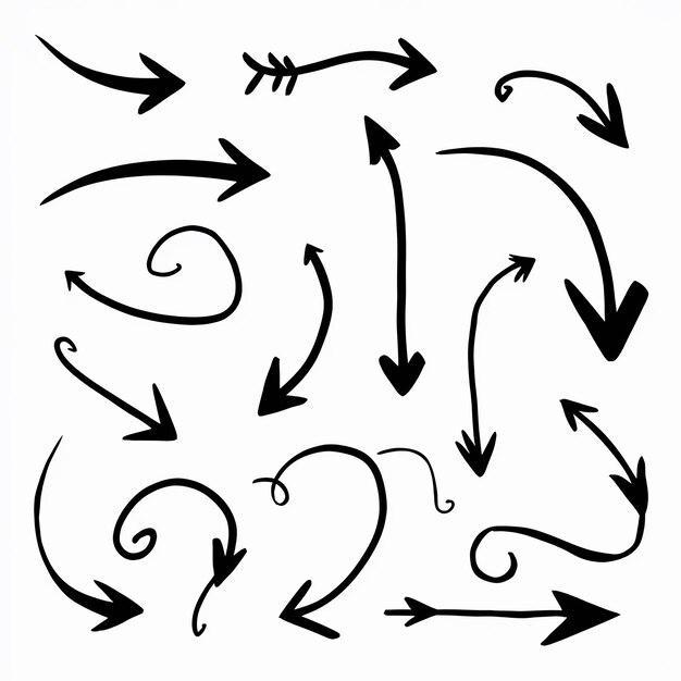 Verscheidenheid aan dynamische zwarte pijlen, variërend in richting, lengte en bocht