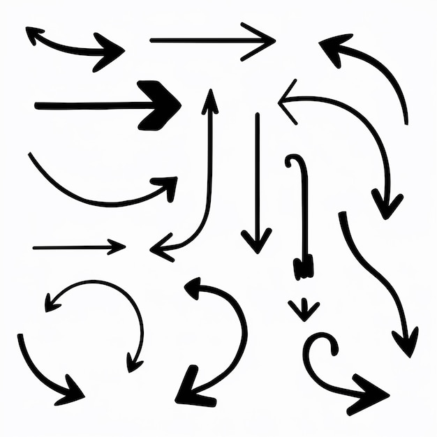 Verscheidenheid aan dynamische zwarte pijlen, variërend in richting, lengte en bocht