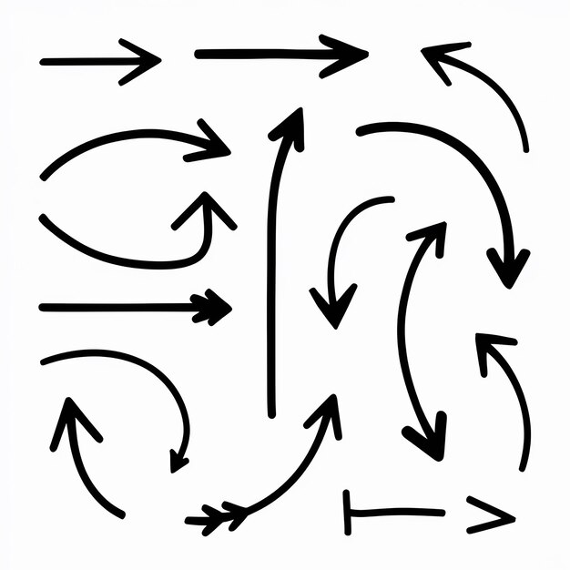 Vector verscheidenheid aan dynamische zwarte pijlen, variërend in richting, lengte en bocht