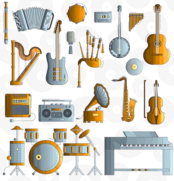 Vector verscheidenheid aan verschillende muziekinstrumenten en speeltoestellen