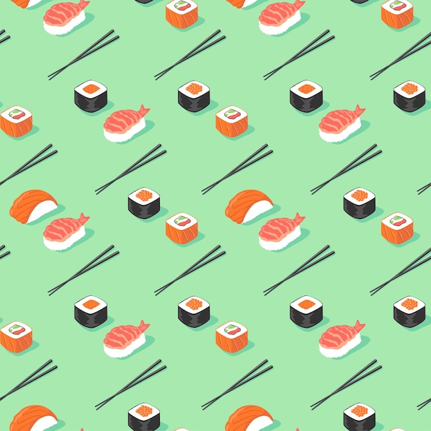 Vector verscheidenheid van vlakke japanse sushi met eetstokje naadloos patroon op groene achtergrond