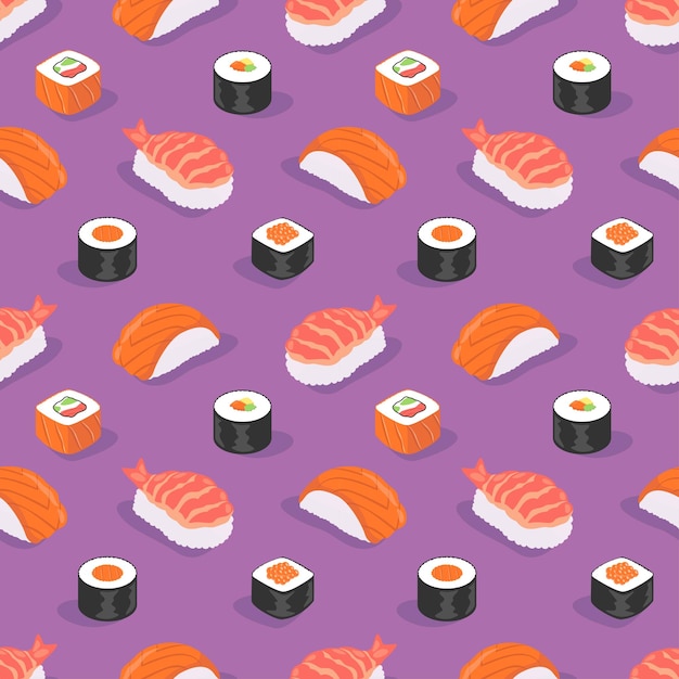 VERSCHEIDENHEID VAN VLAKKE JAPANSE SUSHI NAADLOZE PATROON OP PAARSE ACHTERGROND