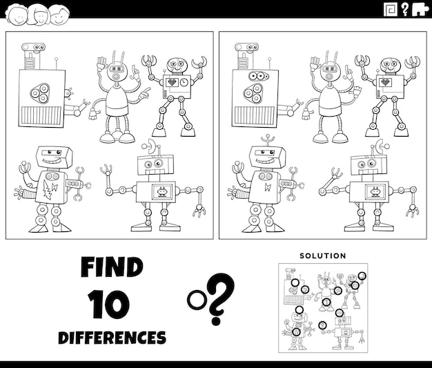 Verschillen activiteit met cartoon robots kleurpagina