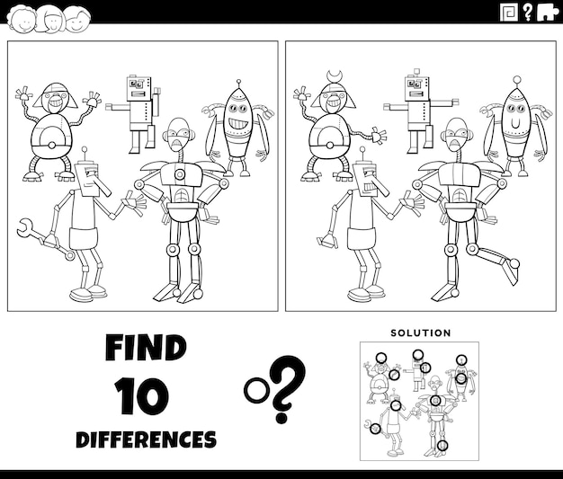 Verschillen spel met cartoon robots kleurpagina
