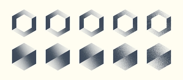 Verschillende abstracte verschoven zeshoek handgetekende dotwork art vector set