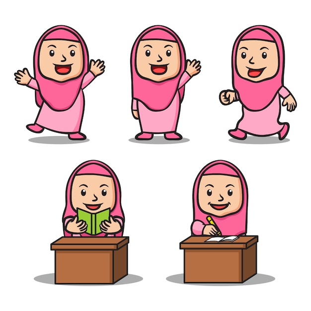 Verschillende activiteit van meisje islamitische School Kids tekenset