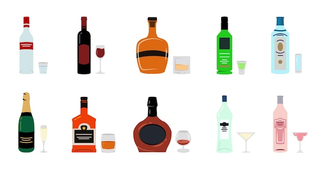 Verschillende alcoholische dranken in flessen en glazen