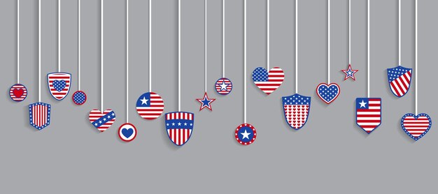 Verschillende amerikaanse symbolen in rode en blauwe kleuren die aan touwen hangen