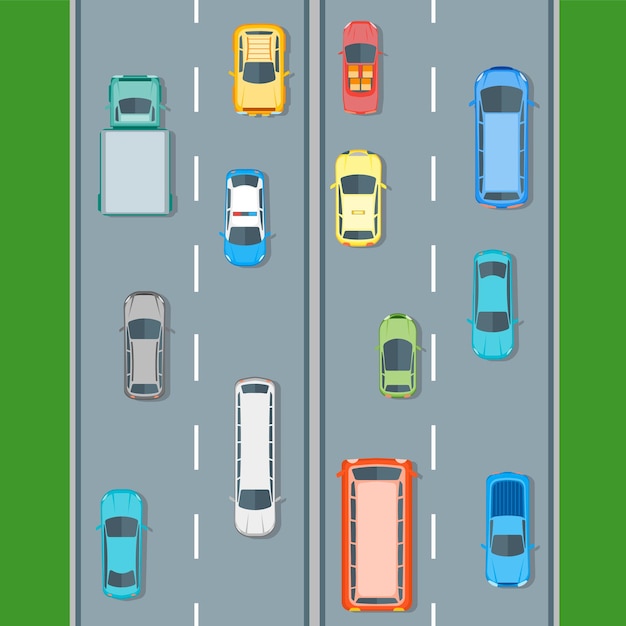 Verschillende auto's bovenaanzicht positie ingesteld op de weg. platte ontwerpstijl. illustratie