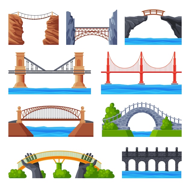 Verschillende bruggen collectie stedelijke architectuur ontwerp elementen brugconstructie platte vector
