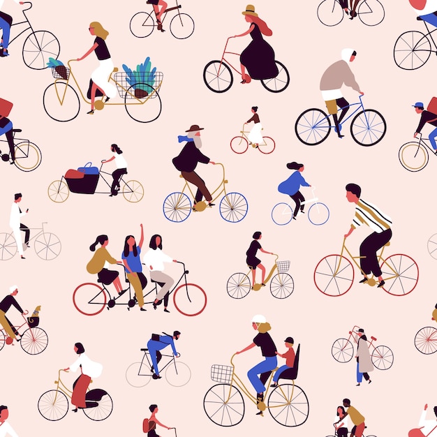 Verschillende cartoon mensen wielrenner naadloze patroon illustratie. mannelijke en vrouwelijke karakter rijden op fiets vector plat geïsoleerd. sportpersoon die geniet van buitenactiviteiten en een gezonde levensstijl.