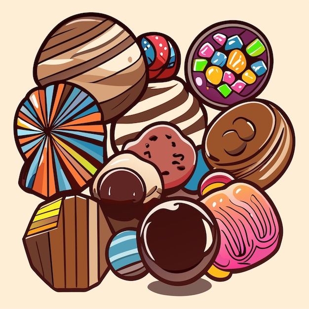 Verschillende chocolade snoepjes patroon achtergrond ontwerp doodle vectorillustratie