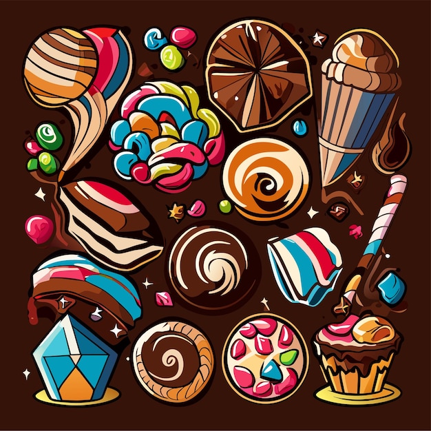 Verschillende chocolade snoepjes patroon achtergrond ontwerp doodle vectorillustratie