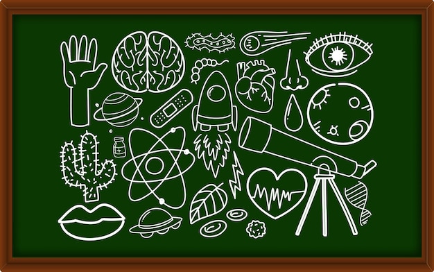 Verschillende doodle slagen over wetenschappelijke apparatuur op schoolbord