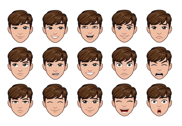 Vector verschillende emoties mannelijk karakter knappe man emoji met verschillende gezichtsuitdrukkingen