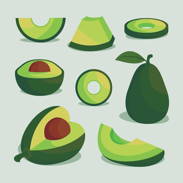 Verschillende fruitset platte avocado cartoon exotisch natuurlijk dessert geïsoleerd